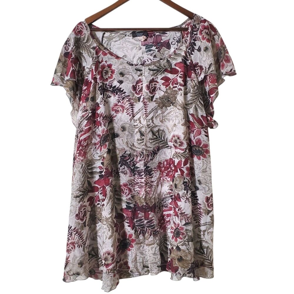 Cocomo Floral Top Size 3X Red Cream Gray Pop Over Pleated Front Womens
